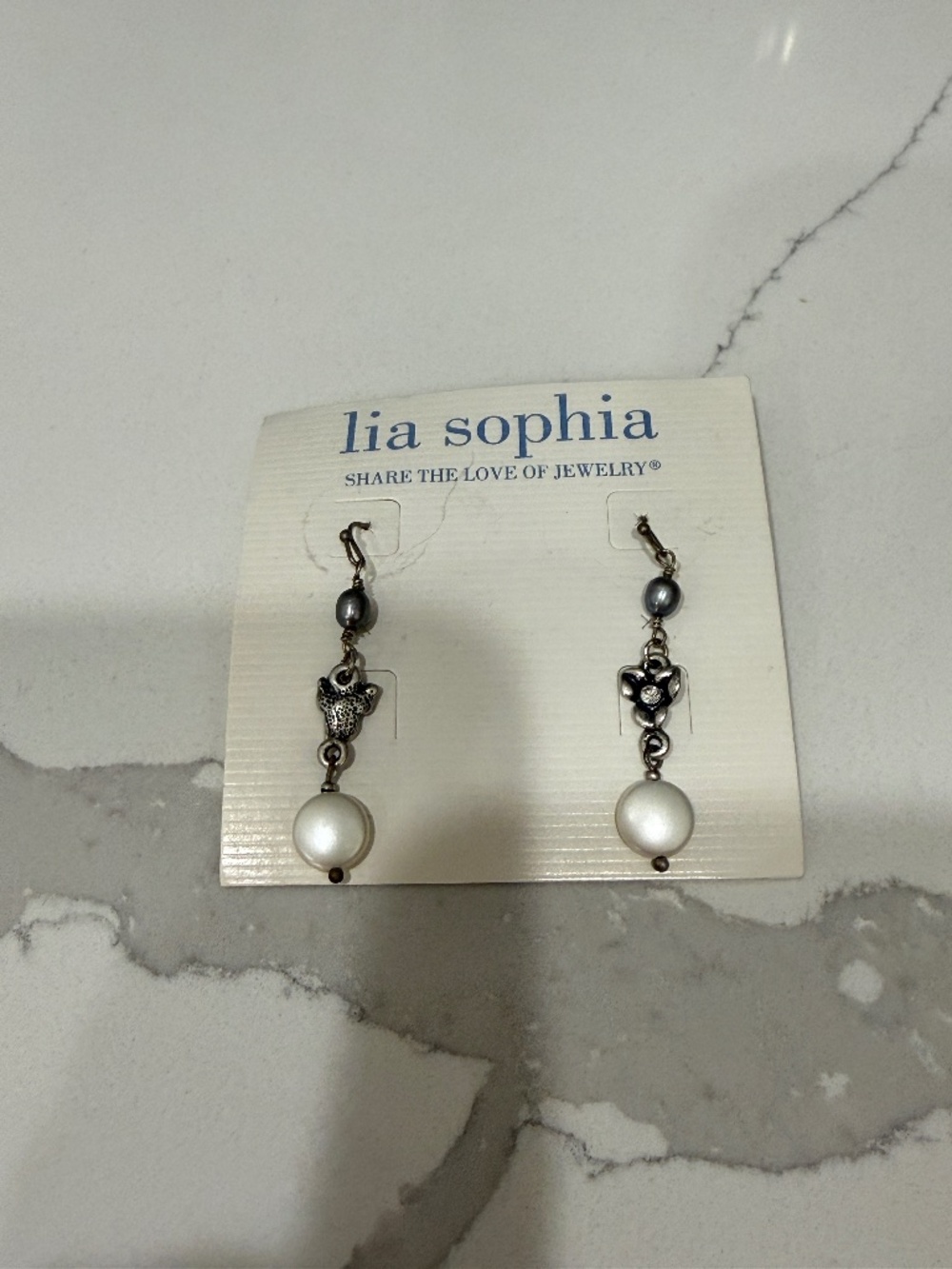 Lia Sophia Pearl & Floral Dangle Earrings – Silver Tone